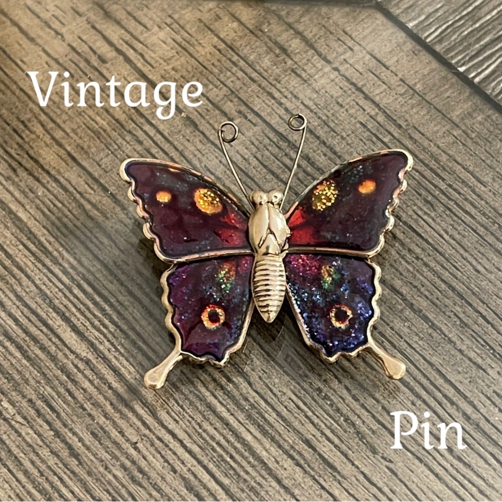 Vintage Gold-tone Butterfly with Glitter & Colorful Resin